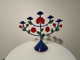 Colorful 5 Arm Candelabra Bold Blue Flower Accents