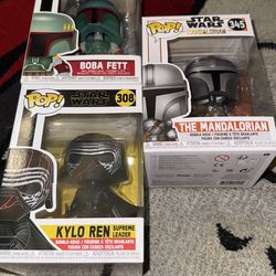 LOT Funko Pop! Star Wars: Boba Fett 08, Kylo Ren 308, The Mandalorian 345