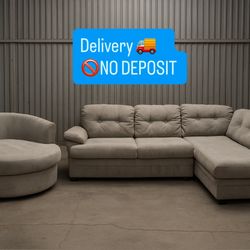 Grey L Shape Sectional Couch W/ Oversize 360 Swivel  Chair