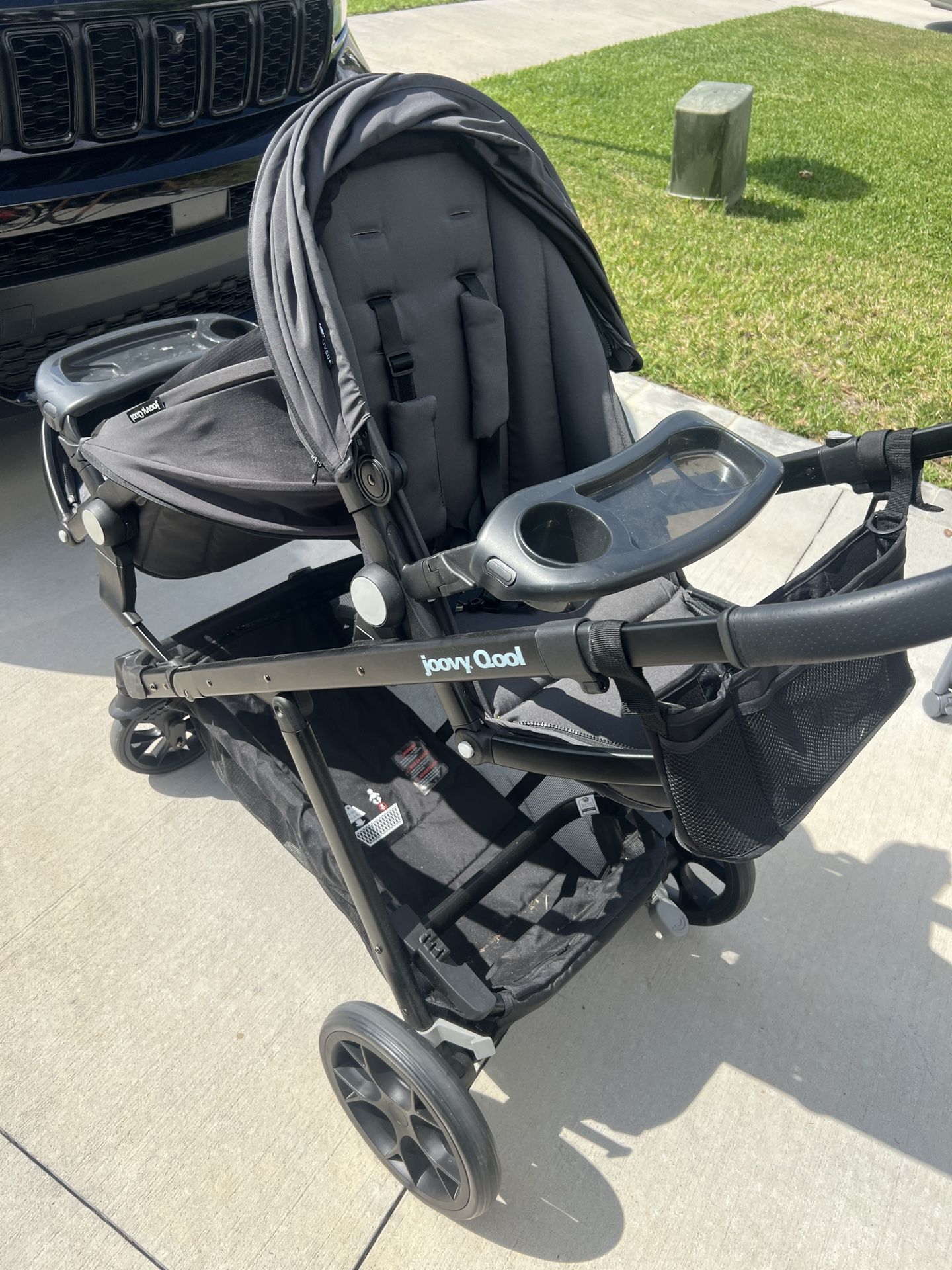 Joovy Qool Double Bundle Double Stroller with Reconfigurable Seats, Magnetic Safety Harness with Padding, UPF 50 Sun Canopy, and Large Storage Basket,