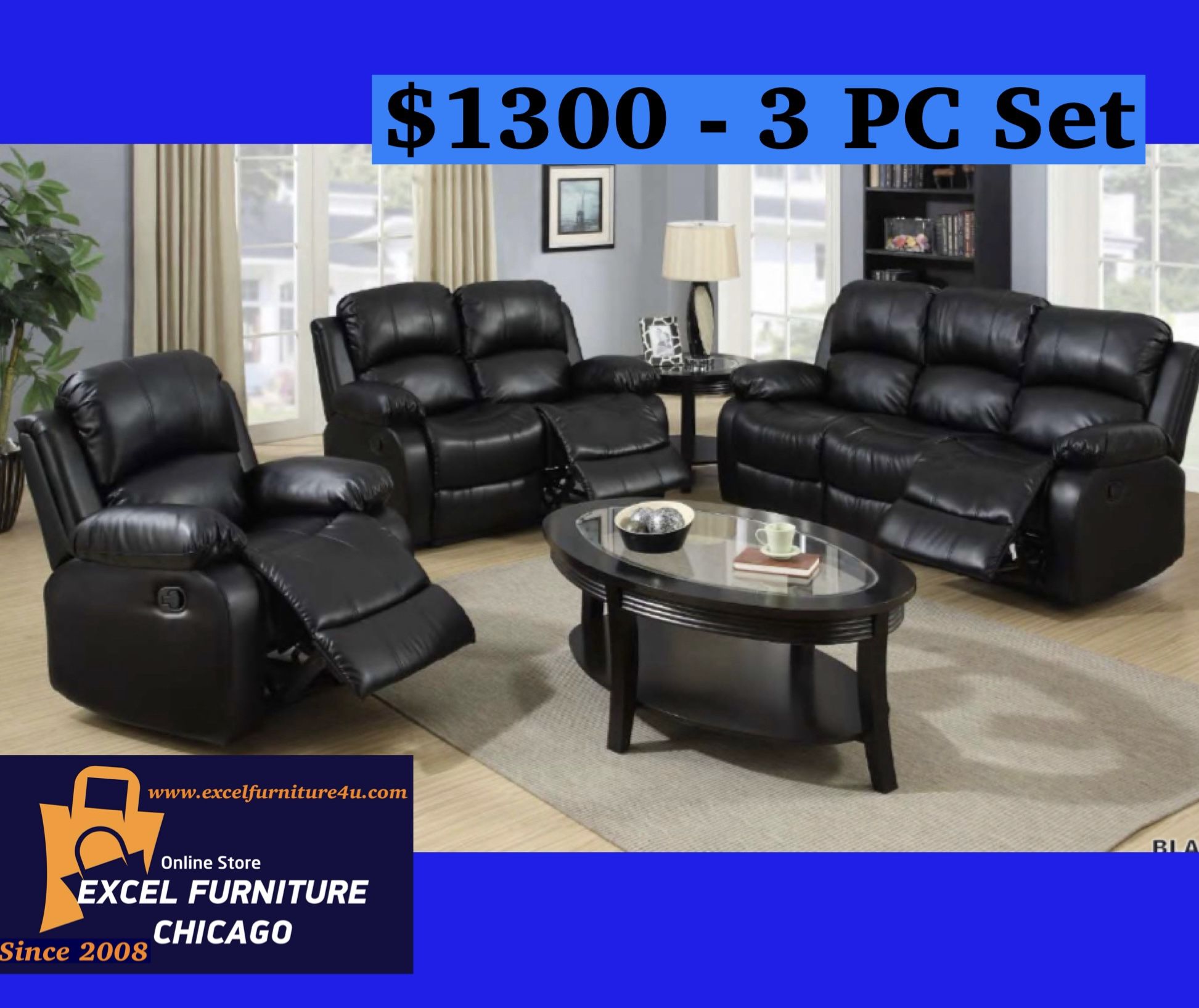 Brand New Black 3PC Reclining Sofa Loveseat Chair Set 