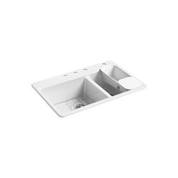 KOHLER Riverby White Cast Iron 33 in. 4-Hole Double Bowl Drop-In Kitchen Sink