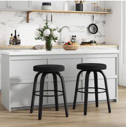 Mid-Century Sturdy Fabric Upholstered Seat Swivel Barstools Backless Sturdy Curved Wood Leg(2Pcs)