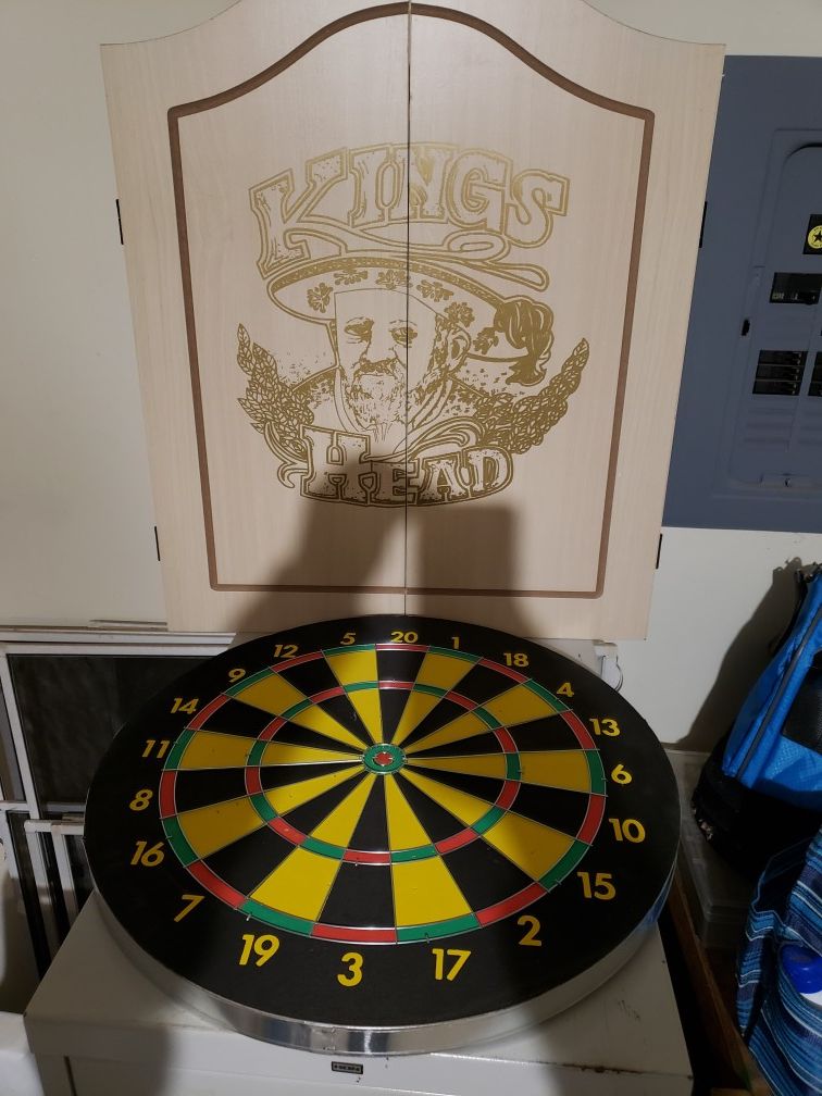 Dart board with wooden case and darts