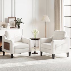 Accent Chair for Living Room Modern Linen Upholstered Armchair Side Wooden Fabric Sofa Chair with Foldable Table 2 Side Pockets Comfy Reading Chair fo