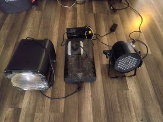 American Dj Revo lights, 2 fog machines, and strobe light