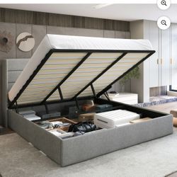 O25 $350 Light Grey King Size Lift up Hydraulic Large Storage Upholstered Platform Bed Frame