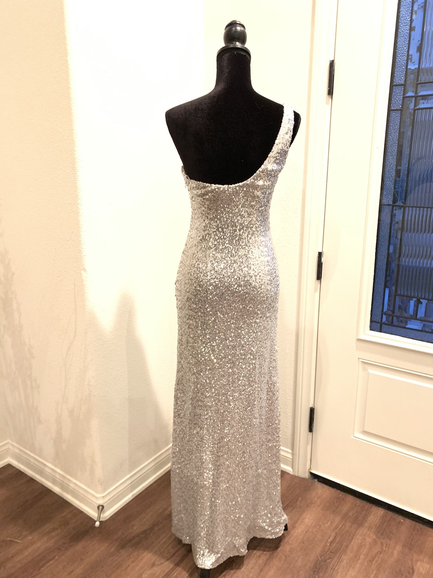 La Femme Maxi, One Shoulder, Silver and Teal Dress