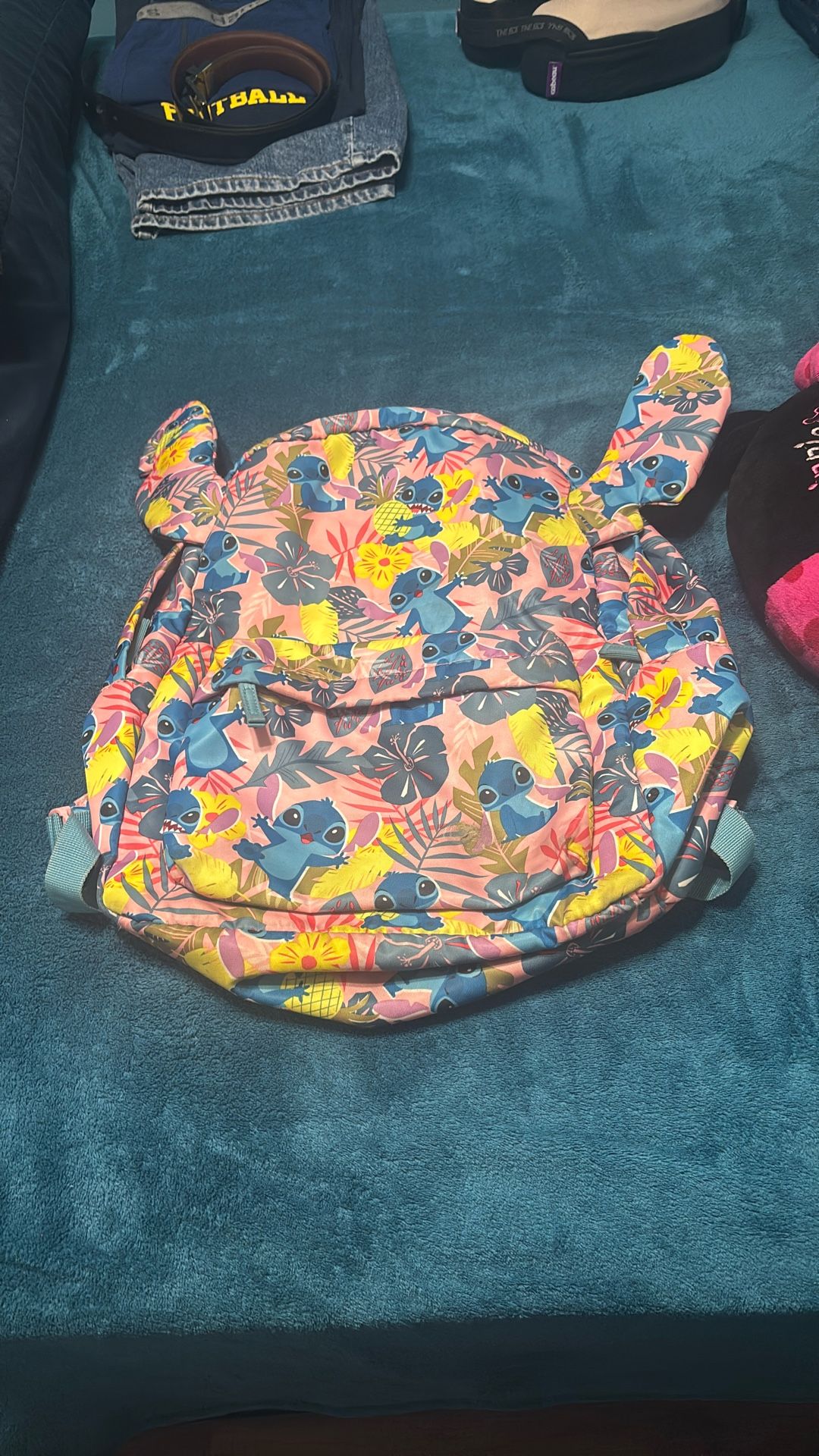 Stitch, backpack, and stich neck pillow