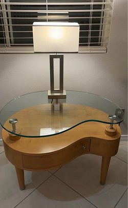Kidney-Shaped Glass Top Wood Side Table
