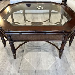 Tommy Bahama Inspired Octagon Dark Wood & Glass Coffee Table 