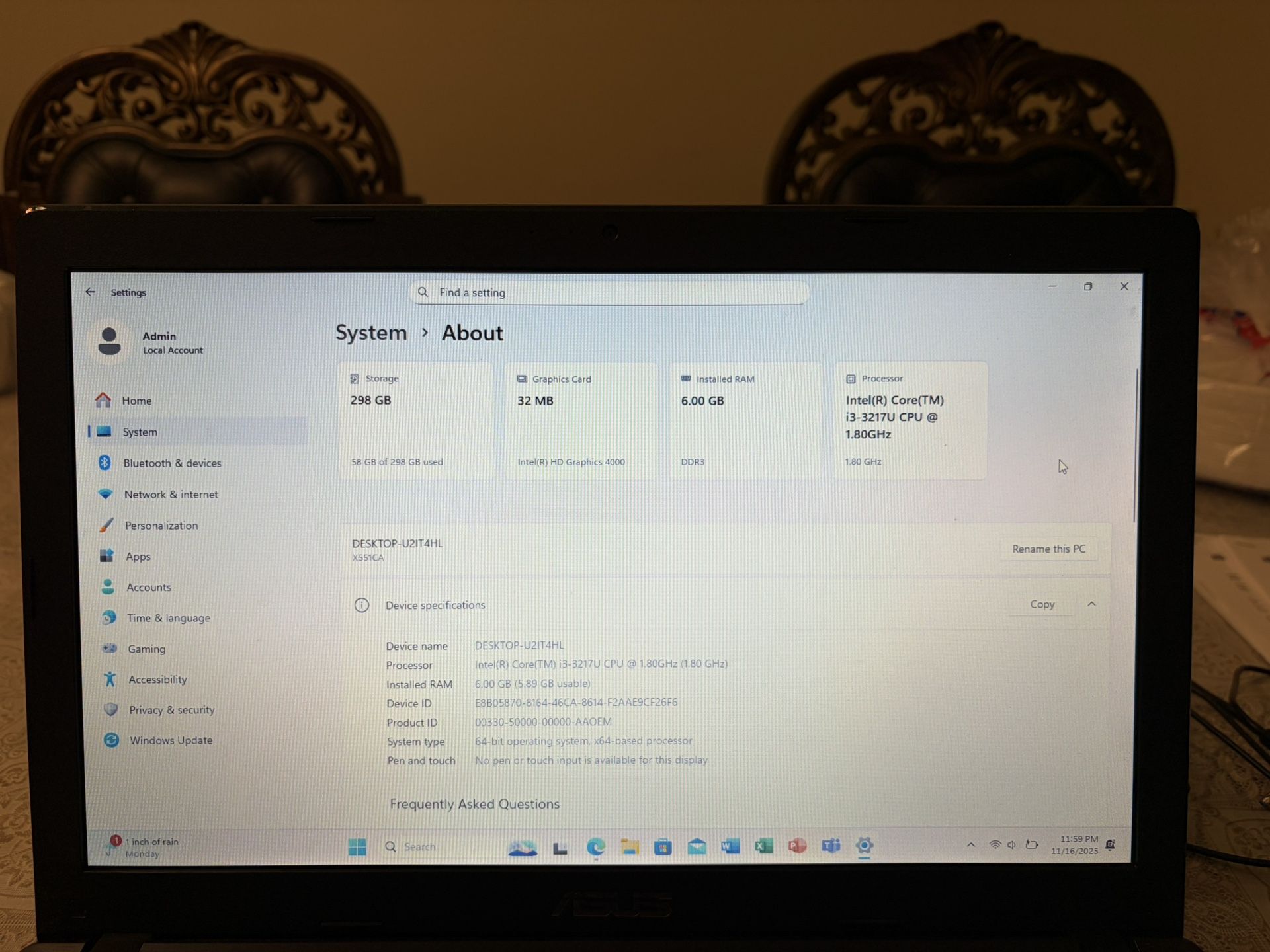 Asus 15.6” Laptop i3 4 Cores 6GB Ram 320GB HDD Windows 11 Pro 