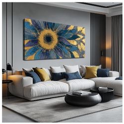 JuhaiArt Blue Wall Art Bedroom Large Gold Flower Canvas Wall Decor Floral Picture Art for Living Room Office 29" x 59" Sunflower Abstract Artwork
