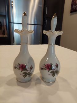 Vintage Pair of Porcelain Perfume Bottles with Floral Design