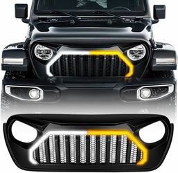 Front Goliath Grille Compatible with 2018-2026 Jeep Wrangler JL JLU Gladiator JT, w/DRL Turn Signal Lights, Matte Black
