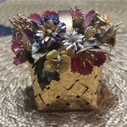 Cartier Sterling Silver Gold Gilt Enameled Multi Color Flowers Basket Hand Made