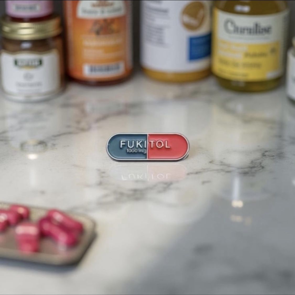 FUKITOL 1000mg pin badge button brooch - a bold statement piece