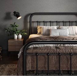 Full size Black Metal Bed Frame with Headboard and Footboard