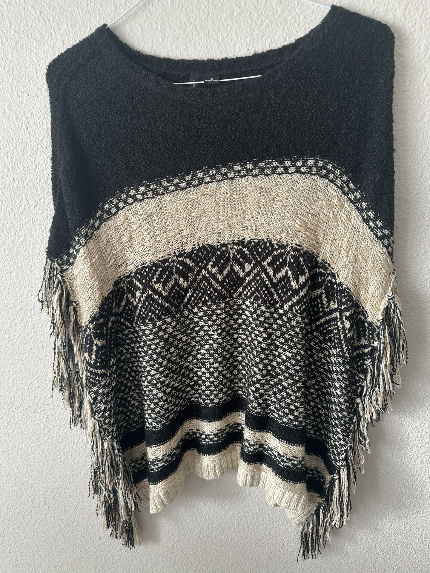 Boho Fringe Knit Poncho – One Size – Fall Ready