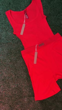 Red Ribbed Tank Top and Shorts Set