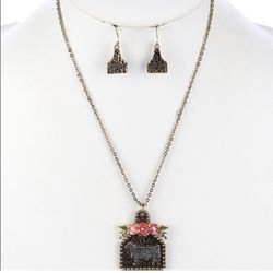 -Horse, Ladies Cow Tag with Enamel Flowers Necklace & Earrings