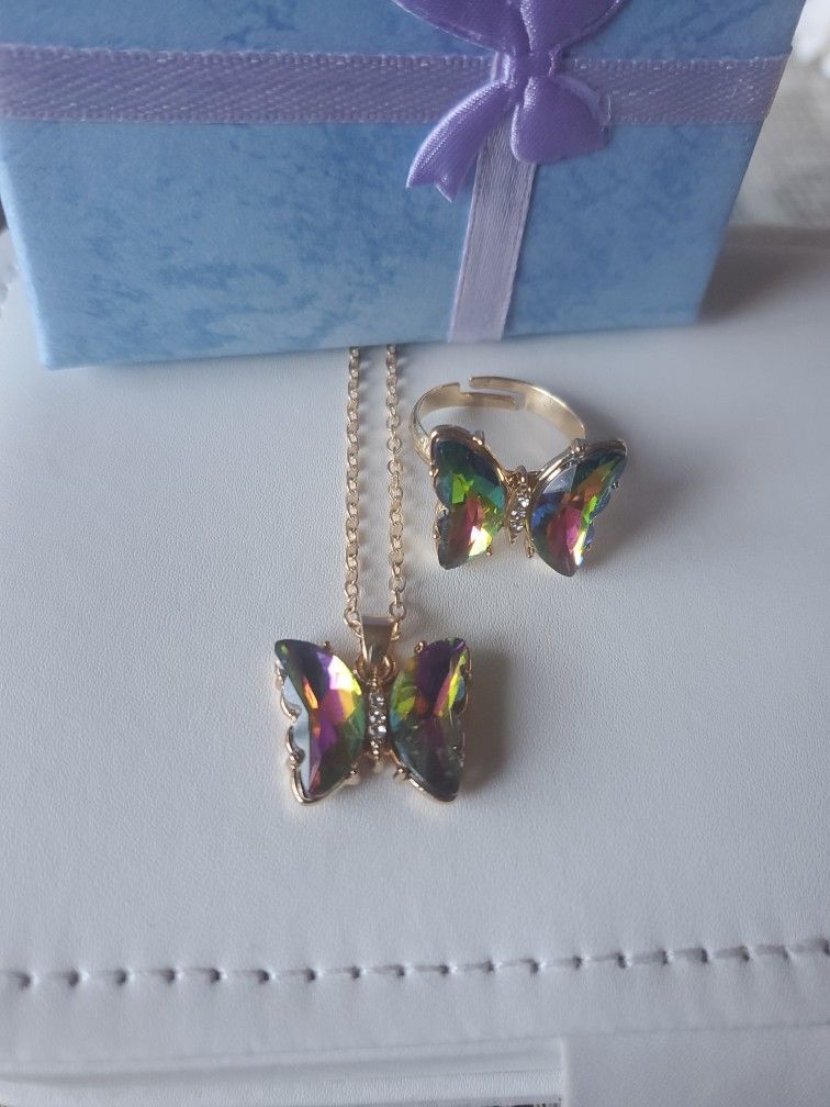 Butterfly Necklace And Ring Set Multicolor Stone