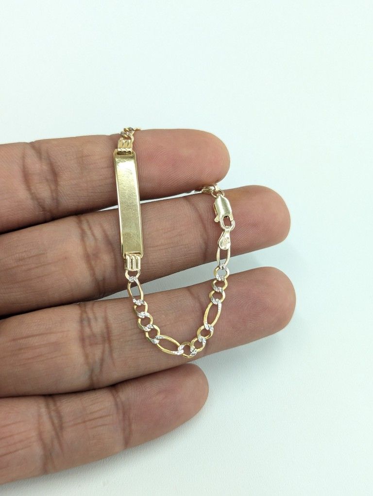 10kt Real Gold Solid Figaro Diamond Cut ID Bracelet