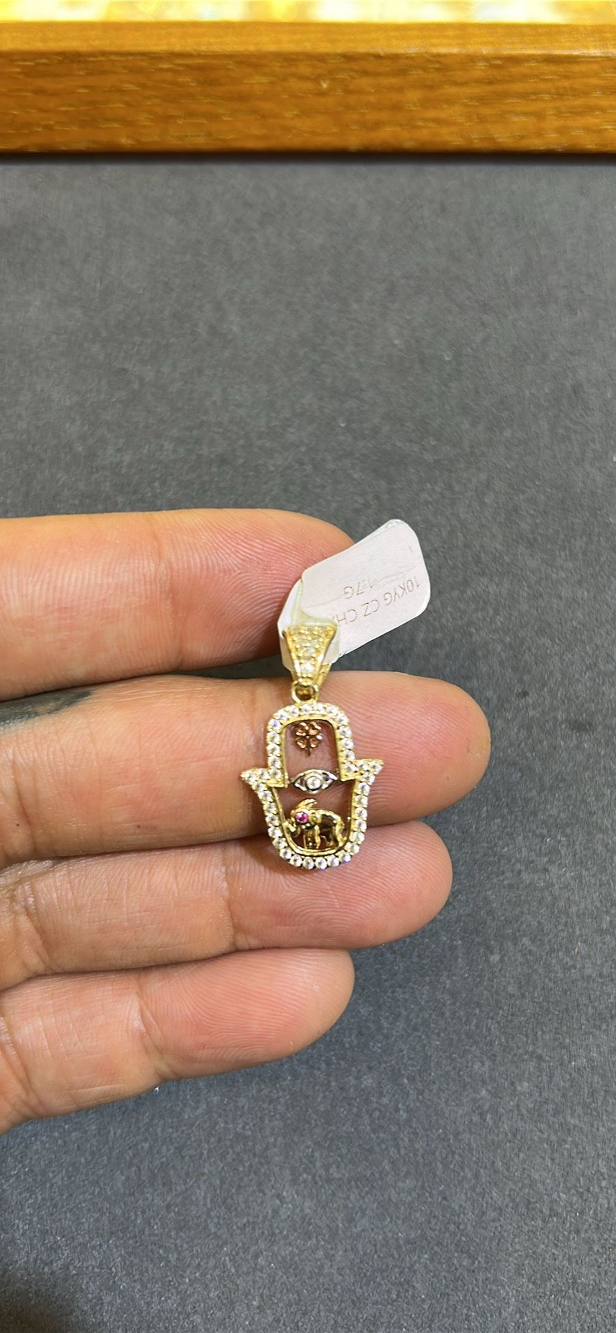 10KT YELLOW GOLD CZ HAMSA, EVIL EYE AND LUCKY ELEPHANT PENDANT 