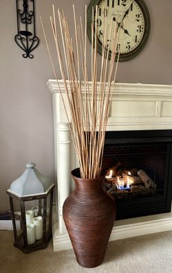 LARGE Vintage 1970s Pencil Reed Rattan Floor Vase with Bamboo Stick Bunch