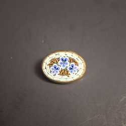 Vintage Italian Micro Mosaic Brooch W/Violets, Murano Style Exquisite Craftsmanship Gold Plated Made In Italy 🇮🇹  Mid 20th Century