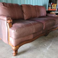 Super Clean Big Leather Couch, With Wood Accents