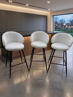 30” Swivel Velvet Cream White Bar Stools Set of 3 – Modern Upholstered Bar Chairs, Already Assemble