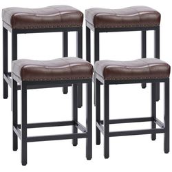 Bar Stools Set of 4, 24 Inch Counter Height Stools, PU Leather Upholstered Bar Chairs with Footrest,