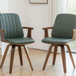 Modern Green Upholstered Leather Swivel Dining Chairs (Set of 2)