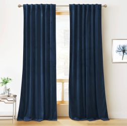 RYB HOME Blue Velvet Curtains 84 Inches - Blackout Curtains For Living Room, Thermal Insulated Noise Reducing Panels Soft Luxury Window Decor For Kids