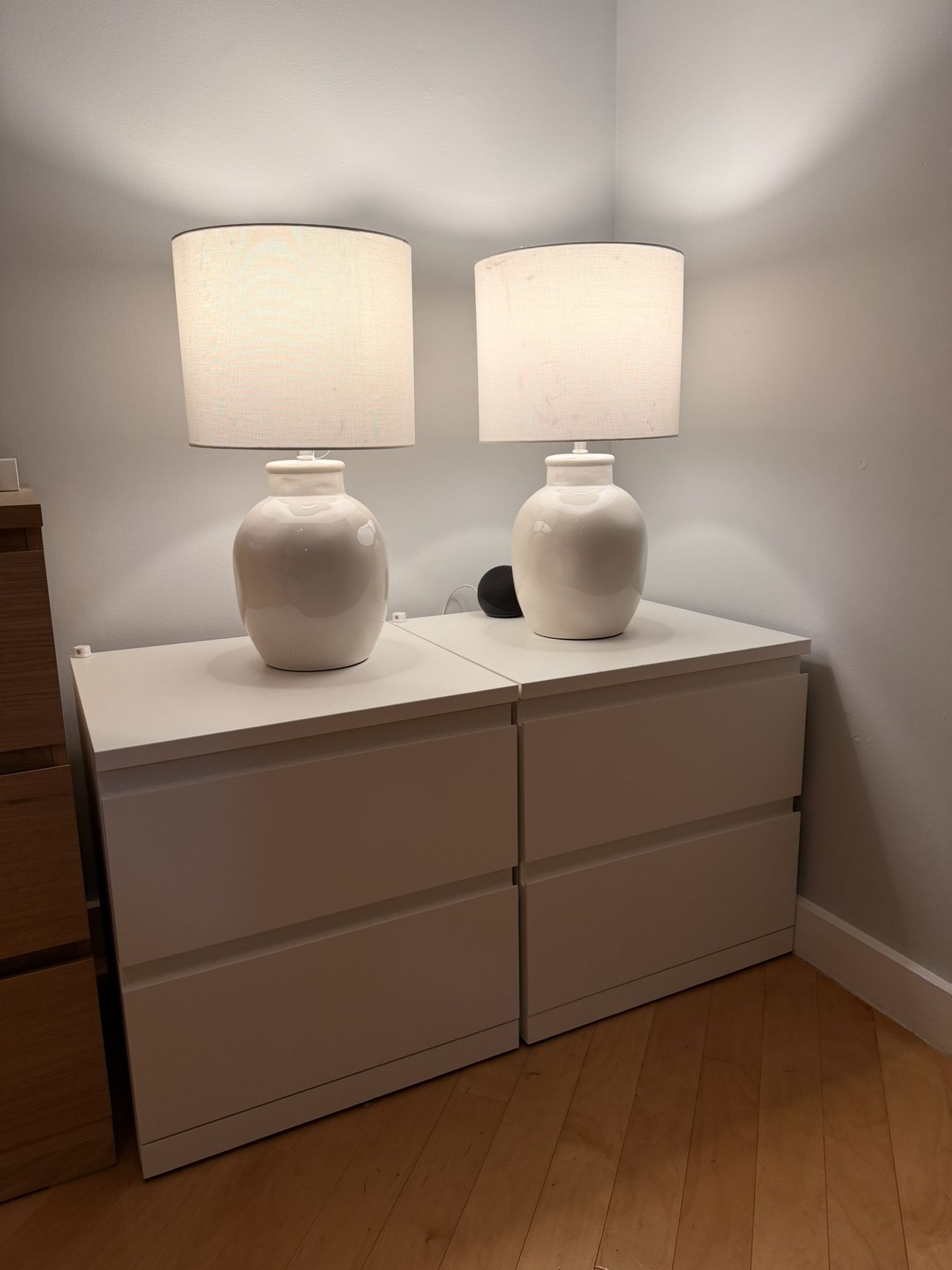 White Ceramic Night Lamps + White Ikea Night Stands