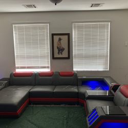 Modern Red & Gray Sofa + Matching Coffee Table (with LED Lights & Glass Inserts)