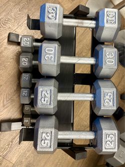 In NEW Condition Set Of Cast Iron Hex Dumbbells 5s, 12s, 20s 25s  And  30s. Total: 184 lbs [ RACK NOT INCLUDED]