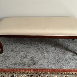 Bench / Stool Queen Anne style carved cherry wood cream colored upholstered (will accept best offer)