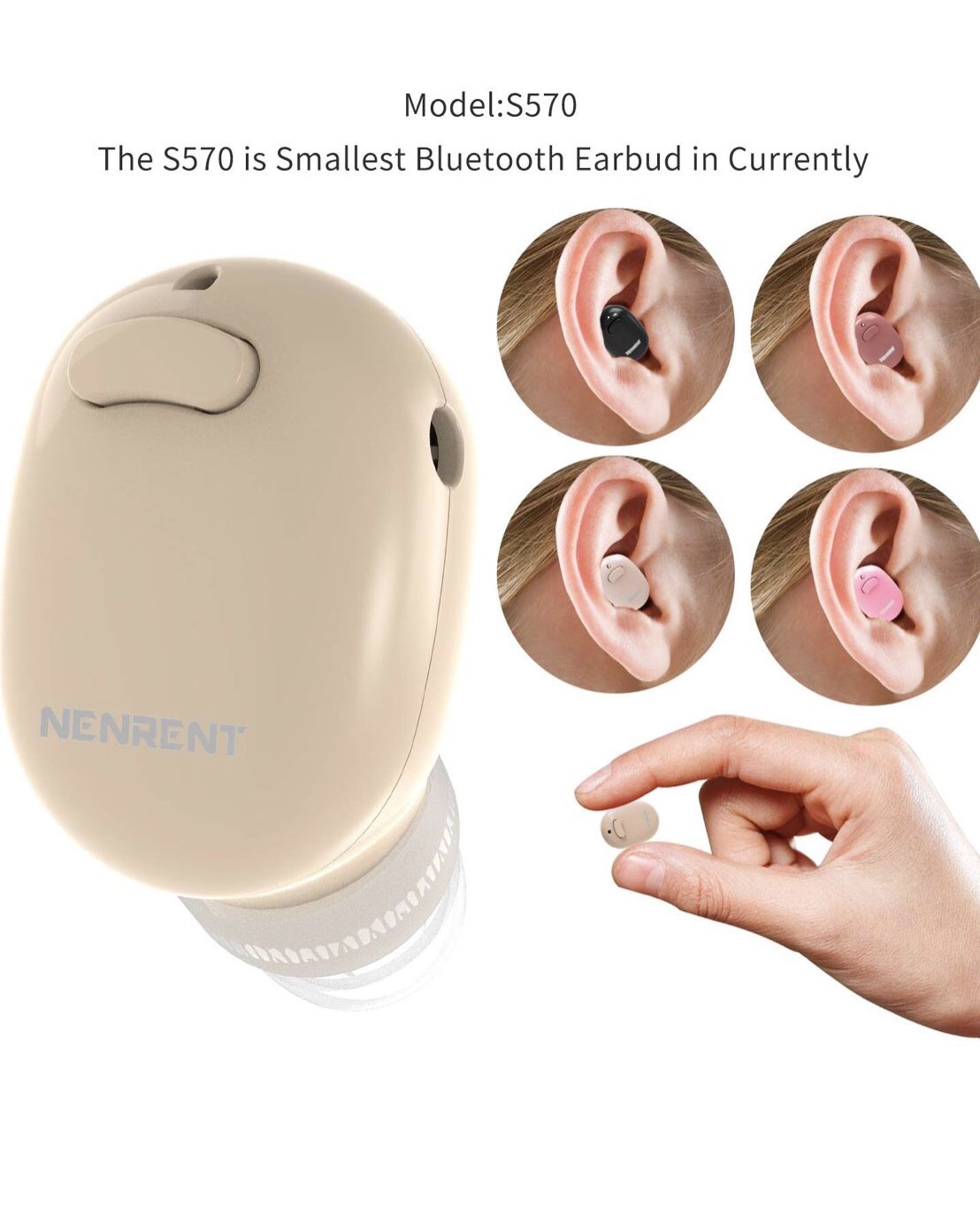 NENRENT S570 Bluetooth Earbud,Smallest Mini Invisible V4.1 Wireless Bluetooth Earpiece Headset Headphone Earphone with Mic Hands-Free Calls for iPhon