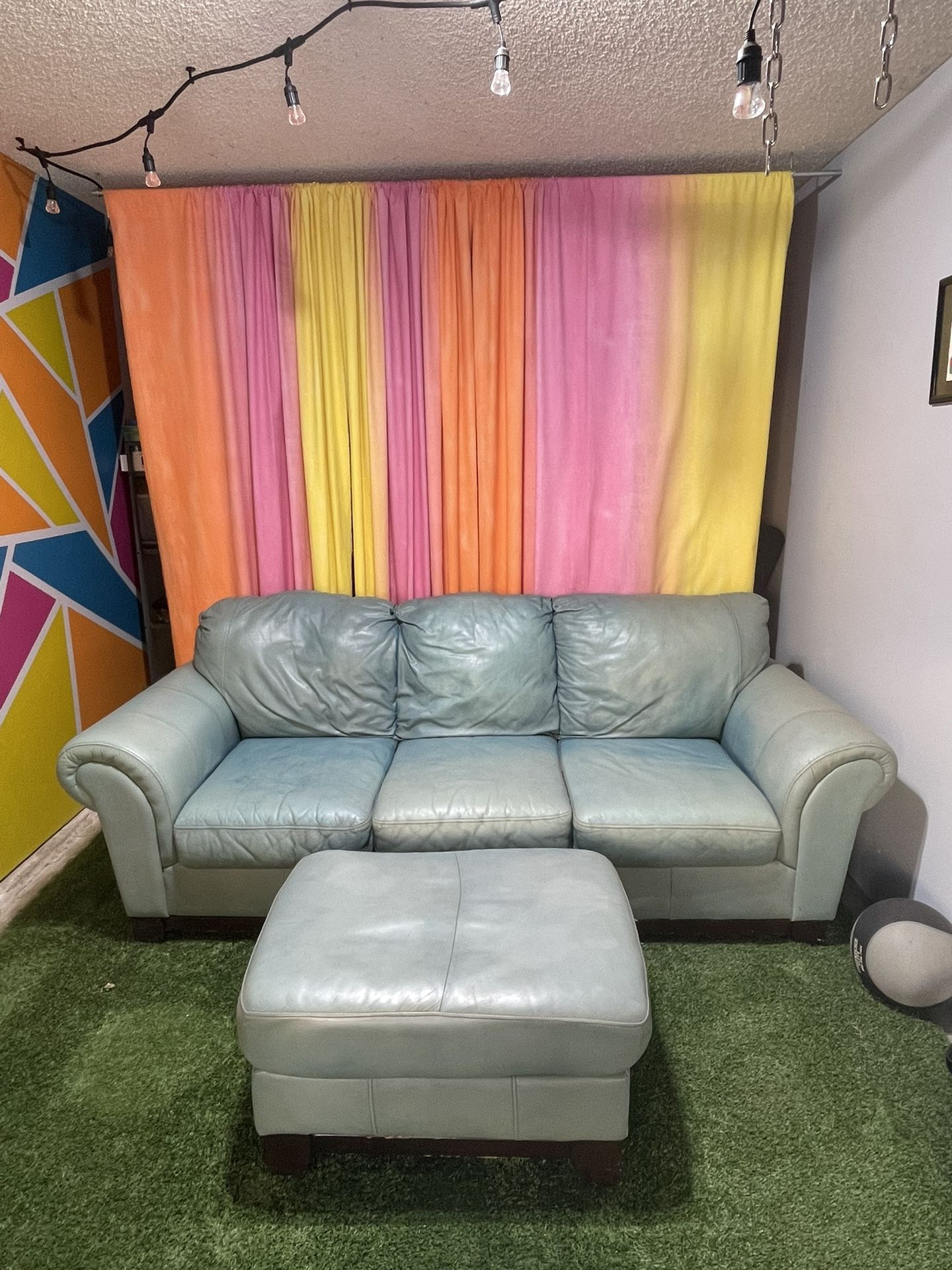 Blue Leather Couch and Ottoman