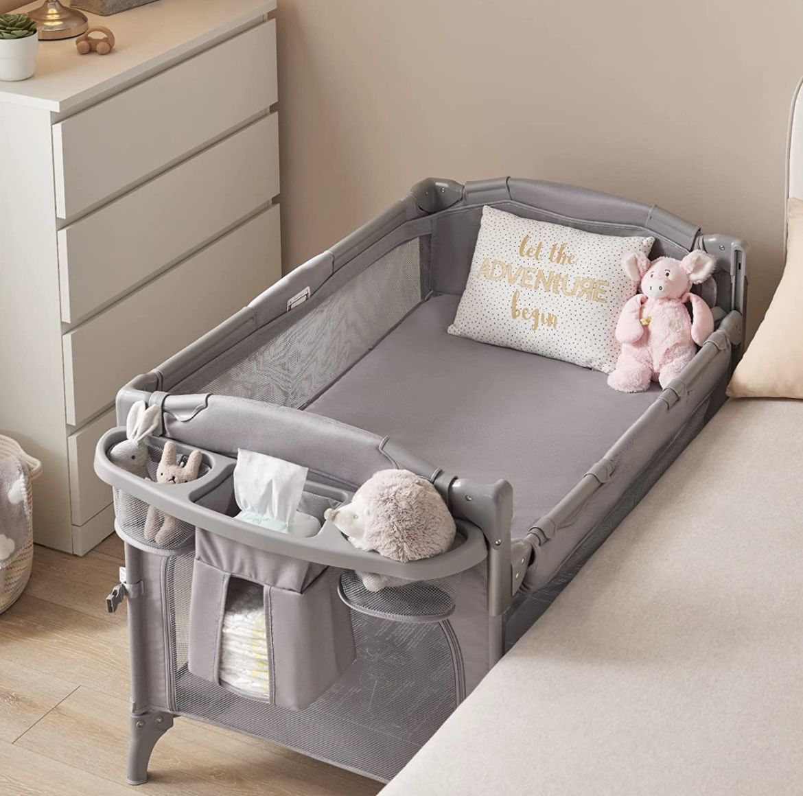  Baby 4 in 1 Bassinet Bedside Sleeper, Baby Bedside Crib 4 Functions, Bedside Bassinet Crib Sleeper, Playard, Changing Table, Baby Bassinet for Newbor