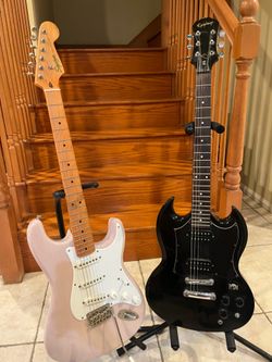 Squier Classic Vibe Stratocaster (Mint) and Epiphone SG G310
