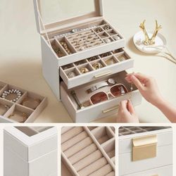 Jewelry Box with Glass Lid, 4-Layer Jewelry Organizer, 3 Drawers, Cloud White and Gold Color
