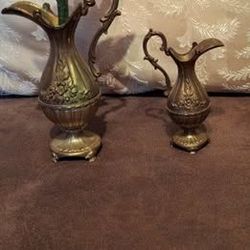 Two Vintage Ornate Brass Pitchers with Intricate Floral Design