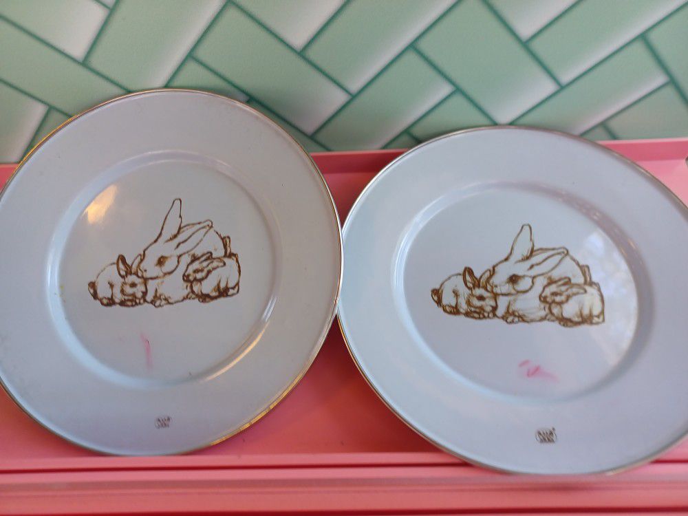 2 Vintage Enamel Ware Metal Bunny Plates 