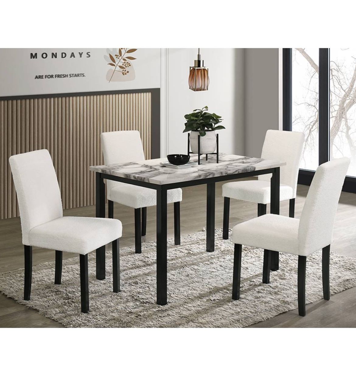 5 Piece Dining Set Faux Marble White Wool Fabric Chairs Brand New In Box Firm Price $240
