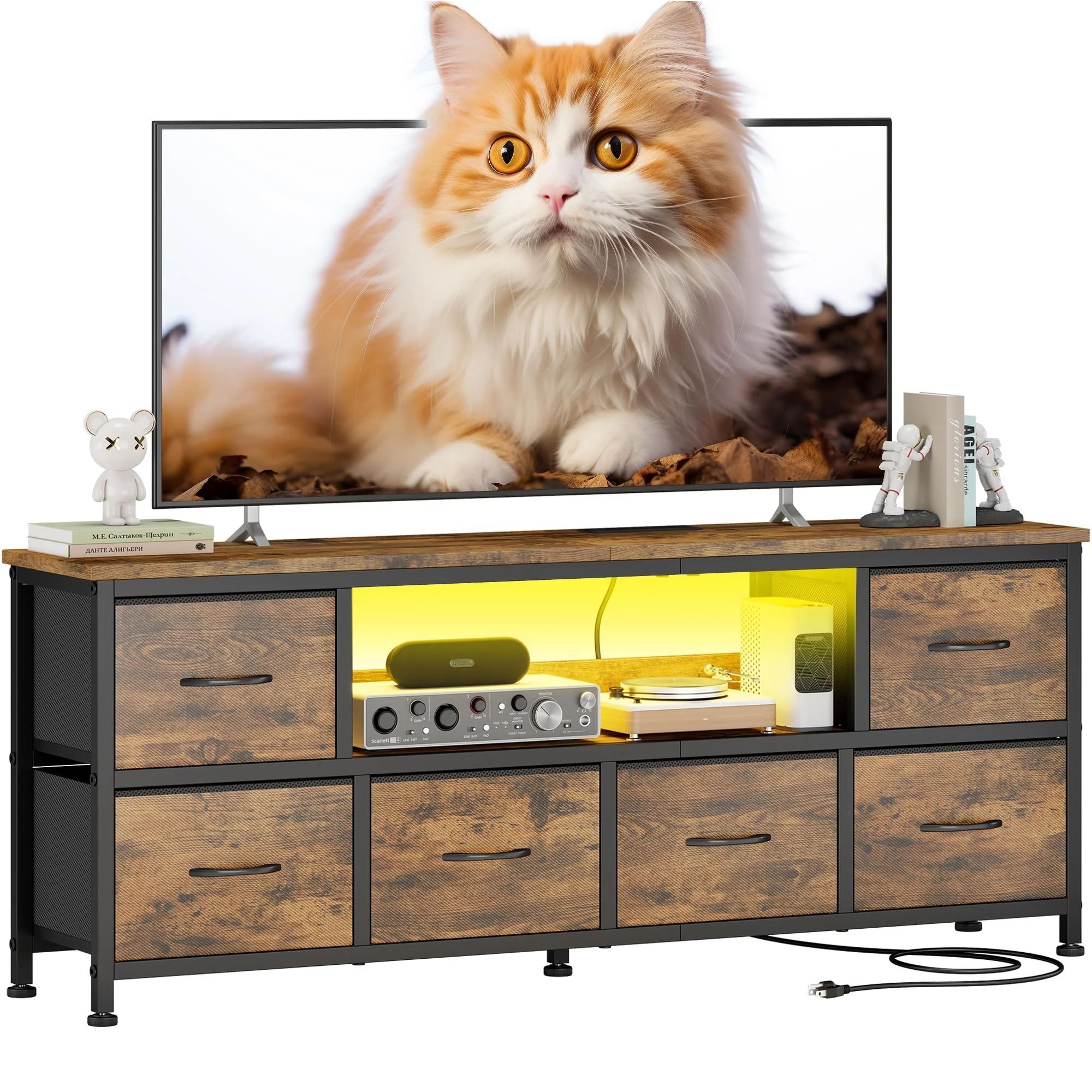 TV Stand for Bedroom, LED Rustic Brown Dresser