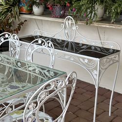 Vintage White Wrought Iron Patio Set w/ Glass Top Table & 6 Chairs + Console Table