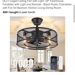 DLLT Caged Ceiling Fan with Light: 20" Farmhouse Fandelier with Light and Remote